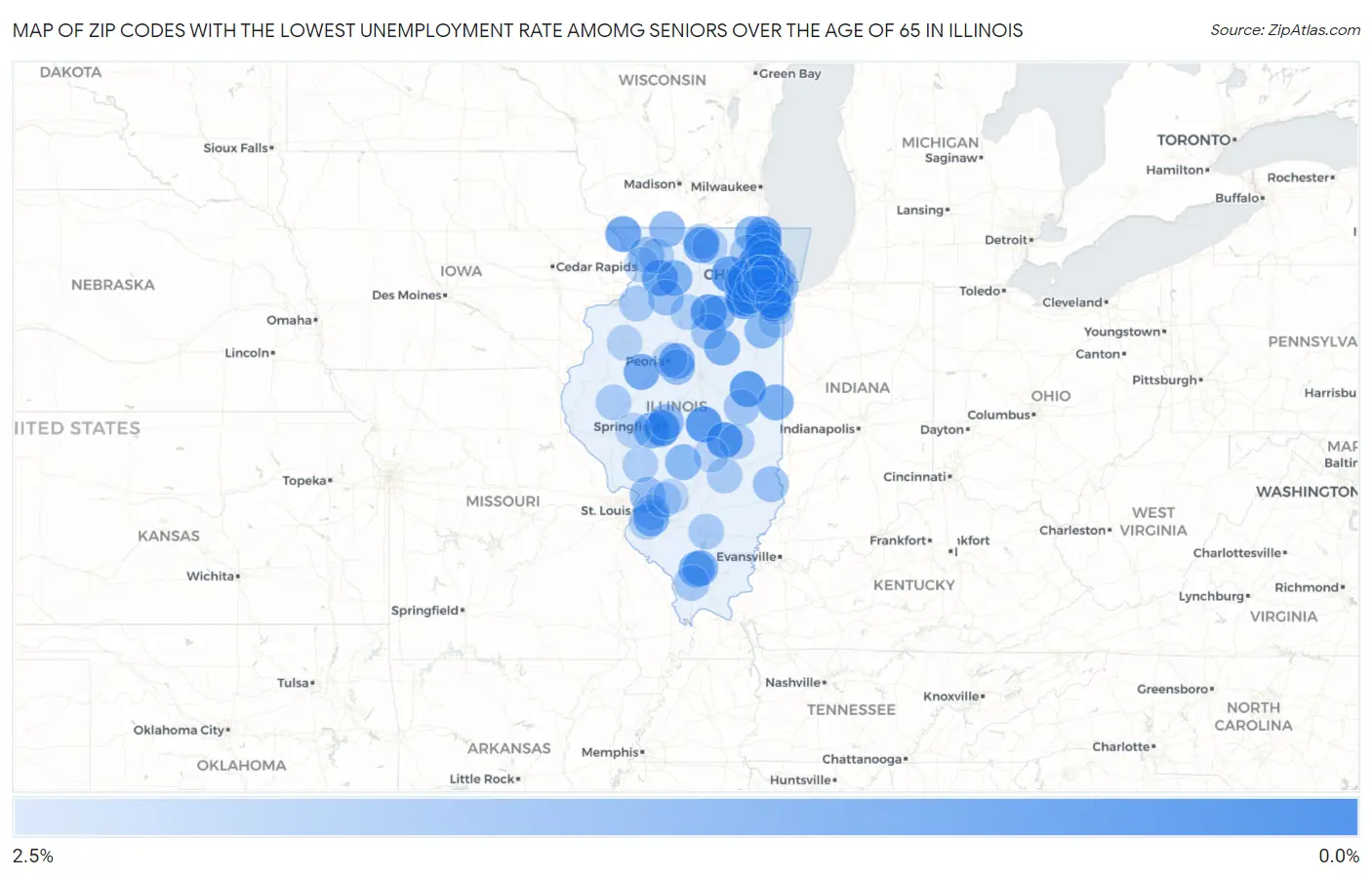 Zip Codes with the Lowest Unemployment Rate Amomg Seniors Over the Age of 65 in Illinois Map