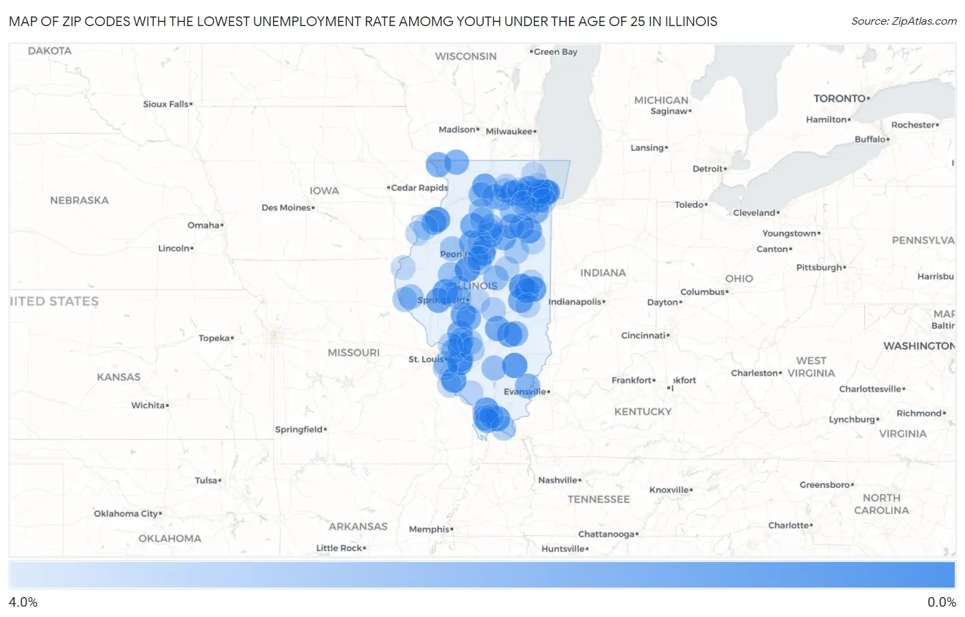 Zip Codes with the Lowest Unemployment Rate Amomg Youth Under the Age of 25 in Illinois Map