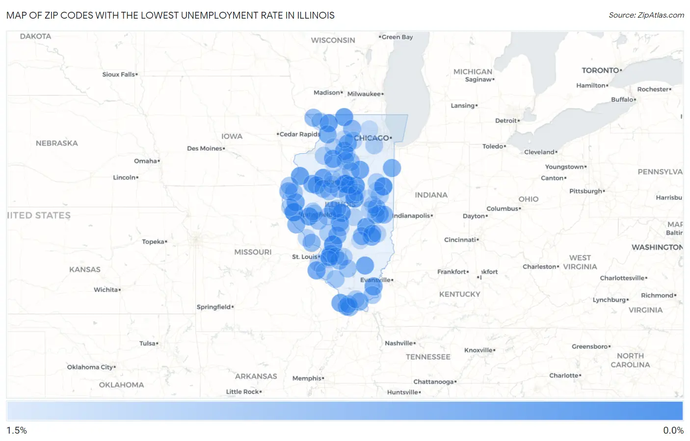 Zip Codes with the Lowest Unemployment Rate in Illinois Map