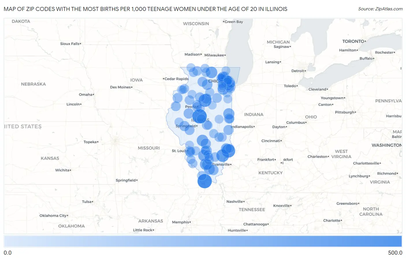 Zip Codes with the Most Births per 1,000 Teenage Women Under the Age of 20 in Illinois Map