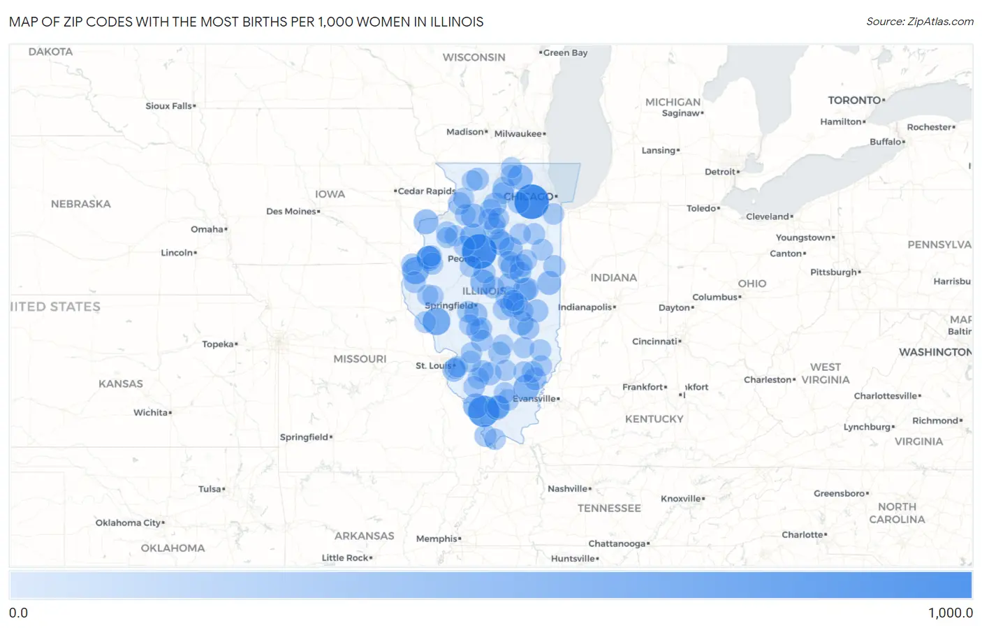 Zip Codes with the Most Births per 1,000 Women in Illinois Map
