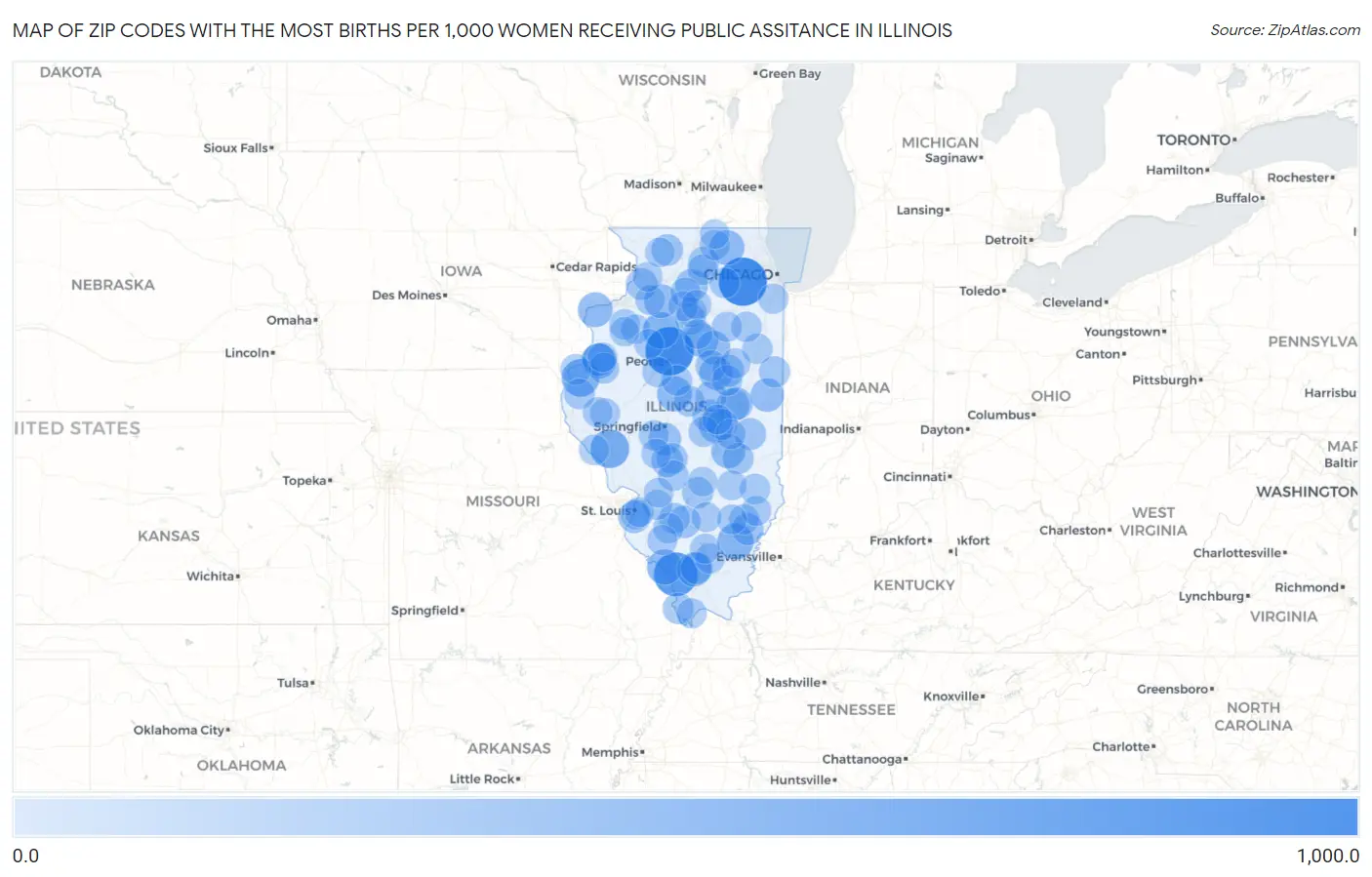 Zip Codes with the Most Births per 1,000 Women Receiving Public Assitance in Illinois Map