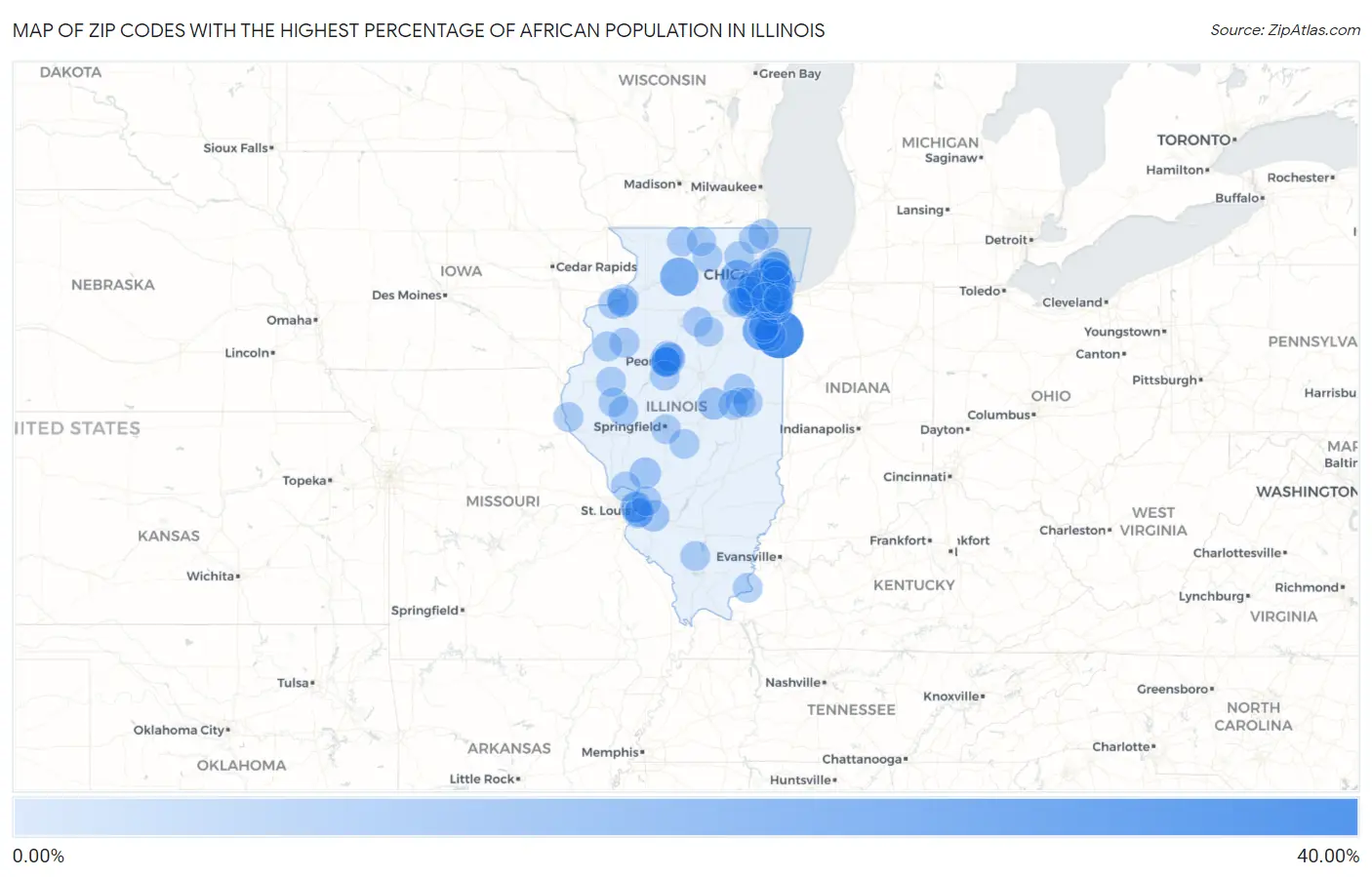 Zip Codes with the Highest Percentage of African Population in Illinois Map