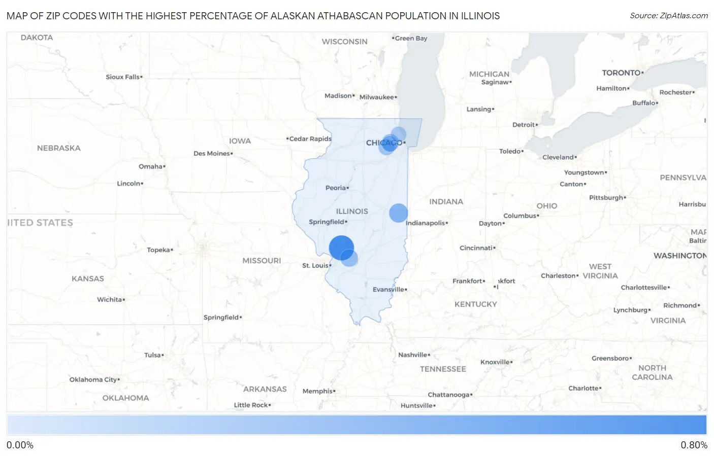Zip Codes with the Highest Percentage of Alaskan Athabascan Population in Illinois Map