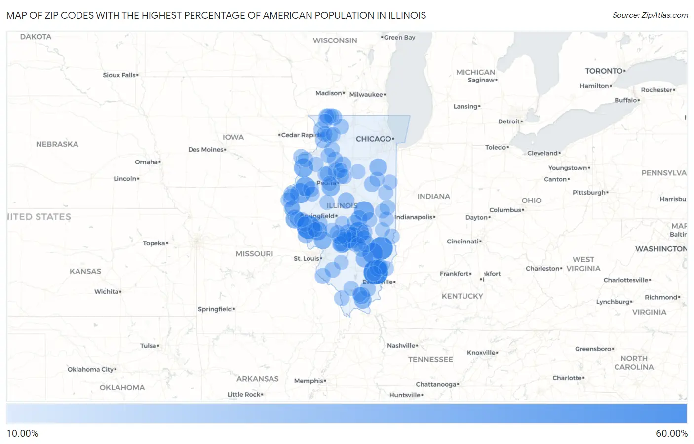 Zip Codes with the Highest Percentage of American Population in Illinois Map