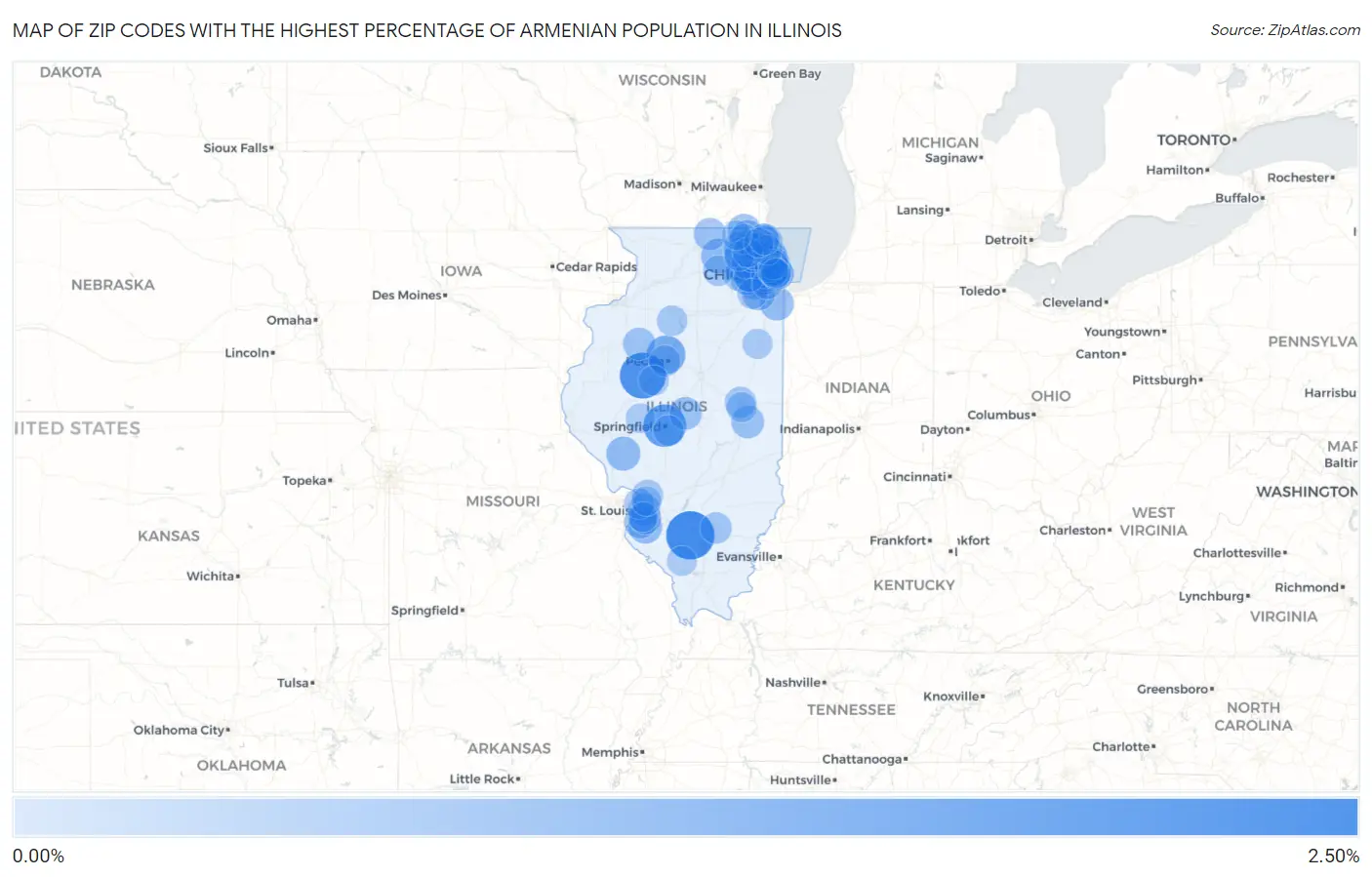 Zip Codes with the Highest Percentage of Armenian Population in Illinois Map