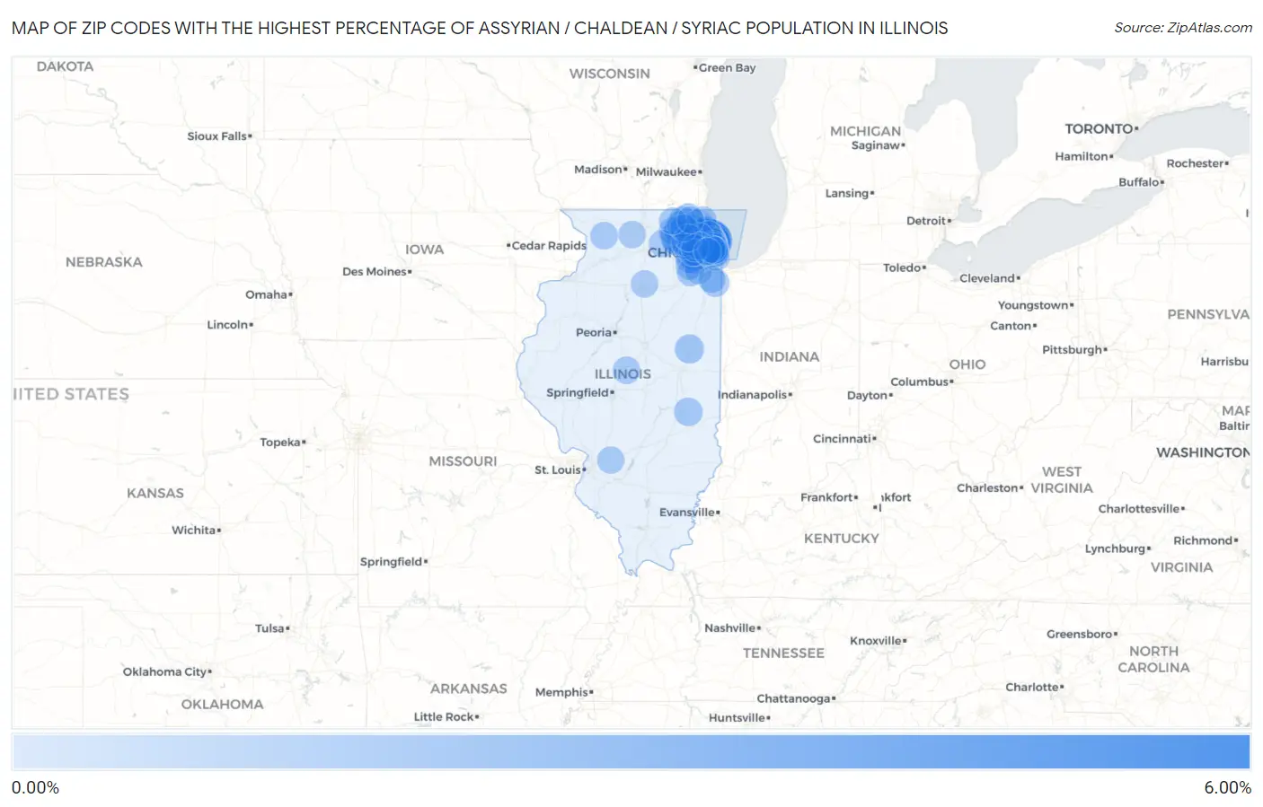 Zip Codes with the Highest Percentage of Assyrian / Chaldean / Syriac Population in Illinois Map