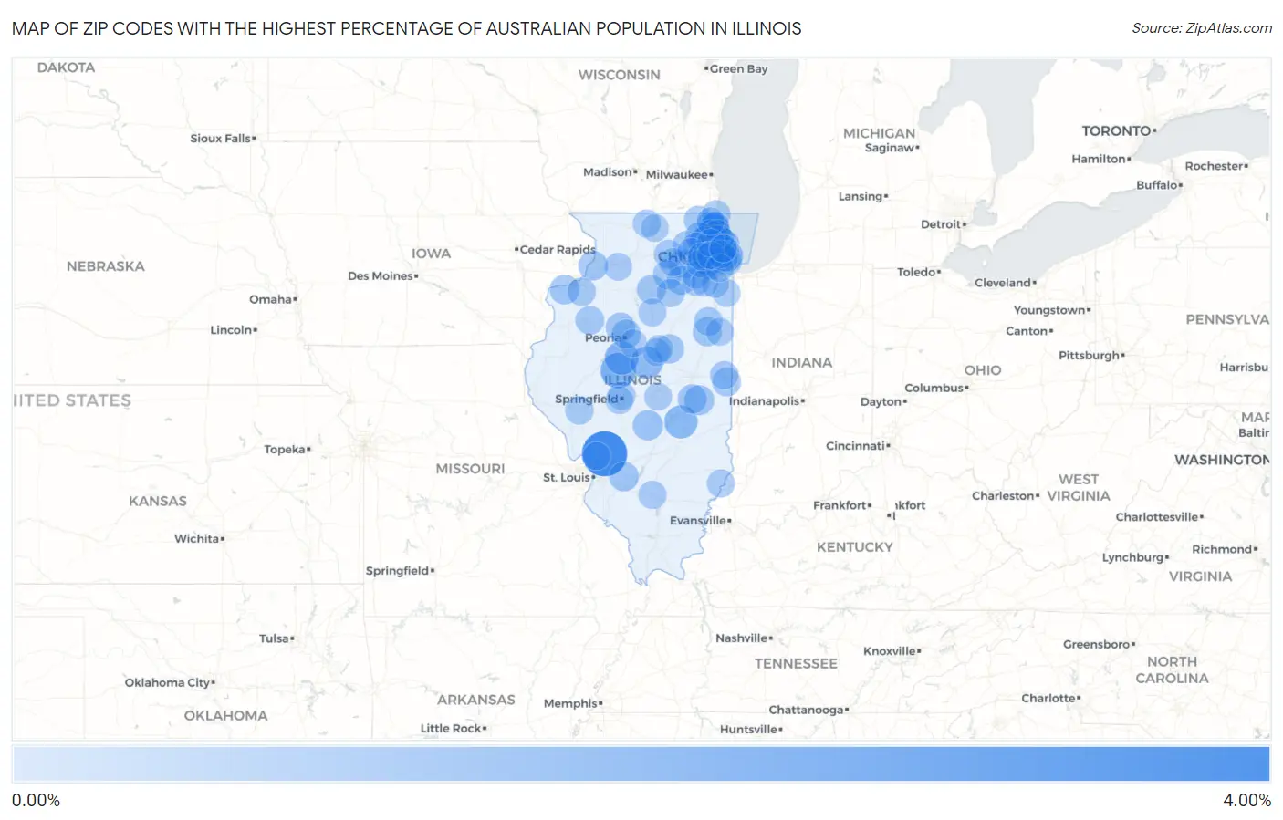 Zip Codes with the Highest Percentage of Australian Population in Illinois Map