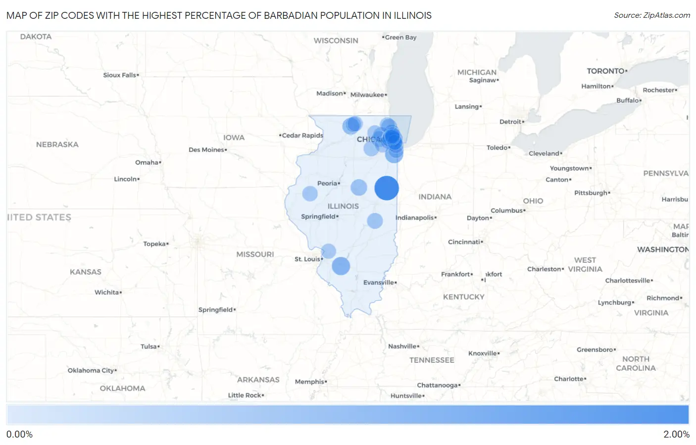 Zip Codes with the Highest Percentage of Barbadian Population in Illinois Map
