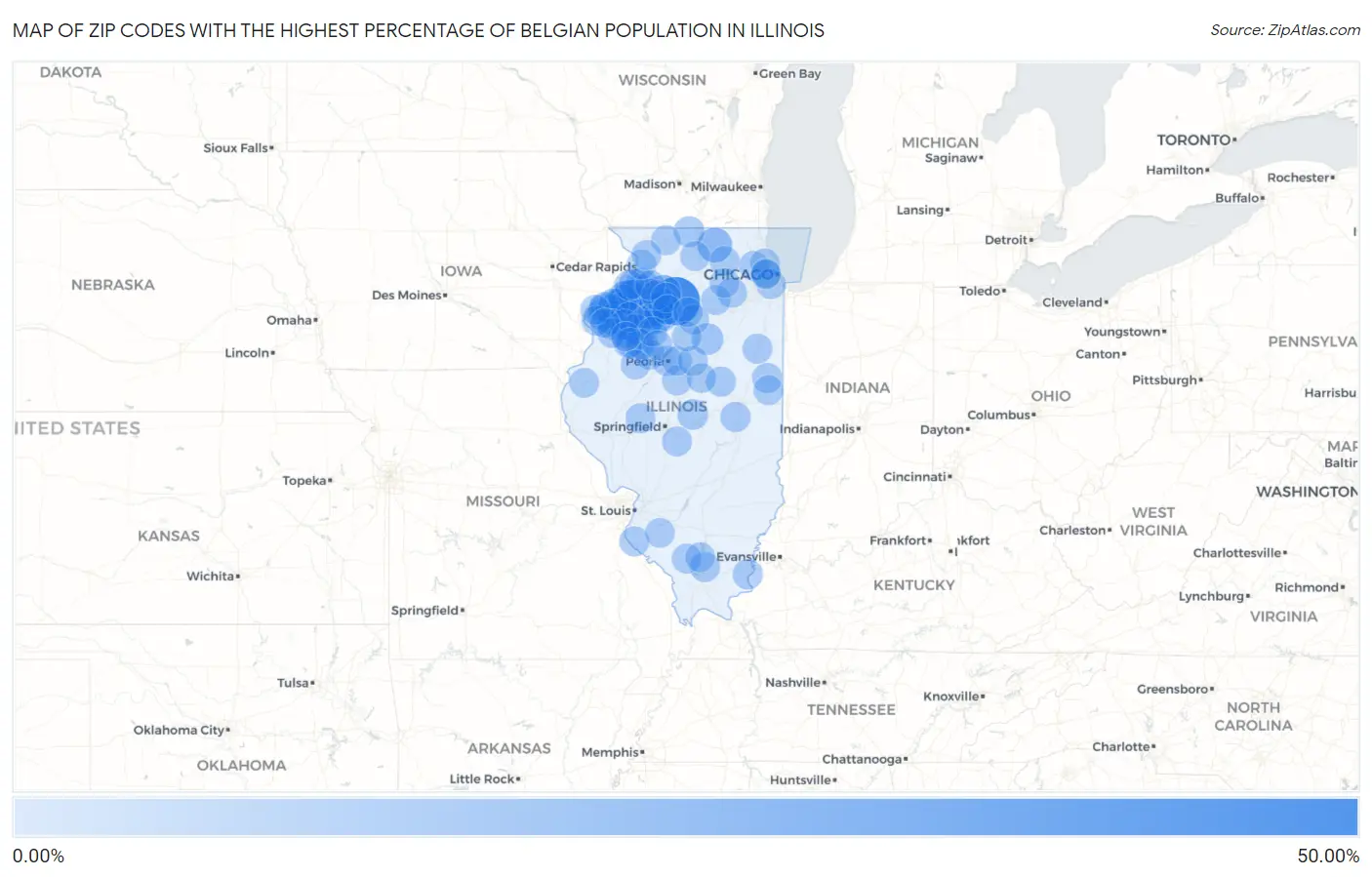 Zip Codes with the Highest Percentage of Belgian Population in Illinois Map