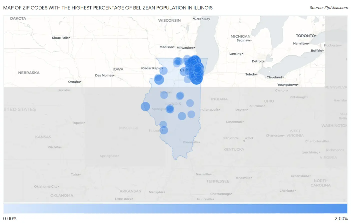 Zip Codes with the Highest Percentage of Belizean Population in Illinois Map