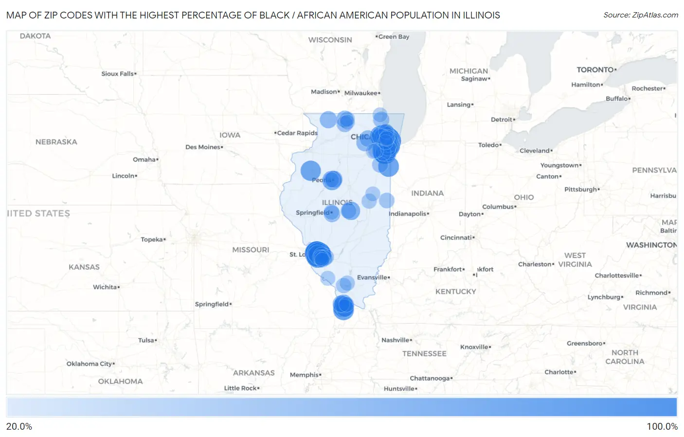 Zip Codes with the Highest Percentage of Black / African American Population in Illinois Map