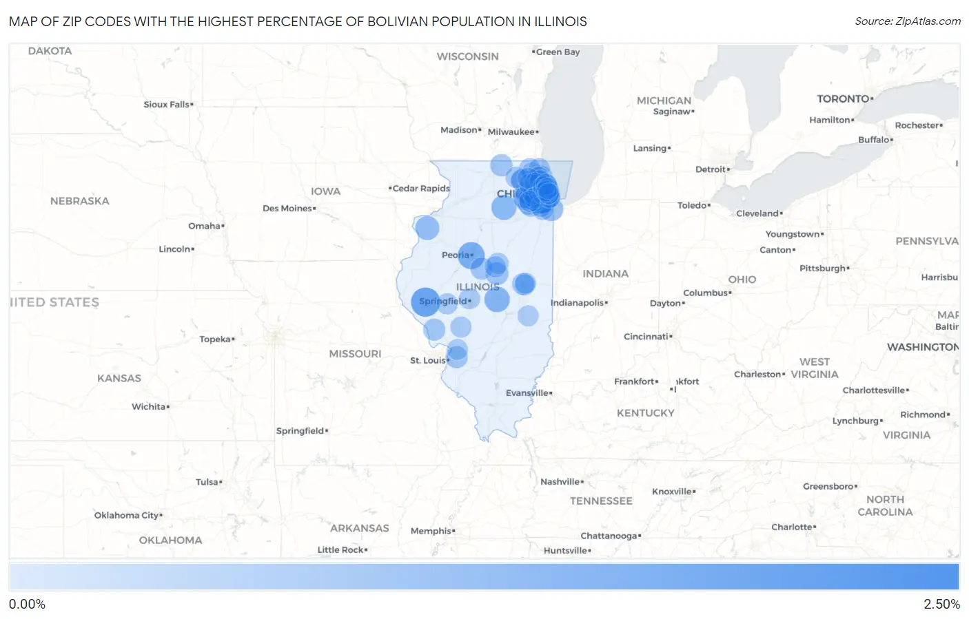 Zip Codes with the Highest Percentage of Bolivian Population in Illinois Map