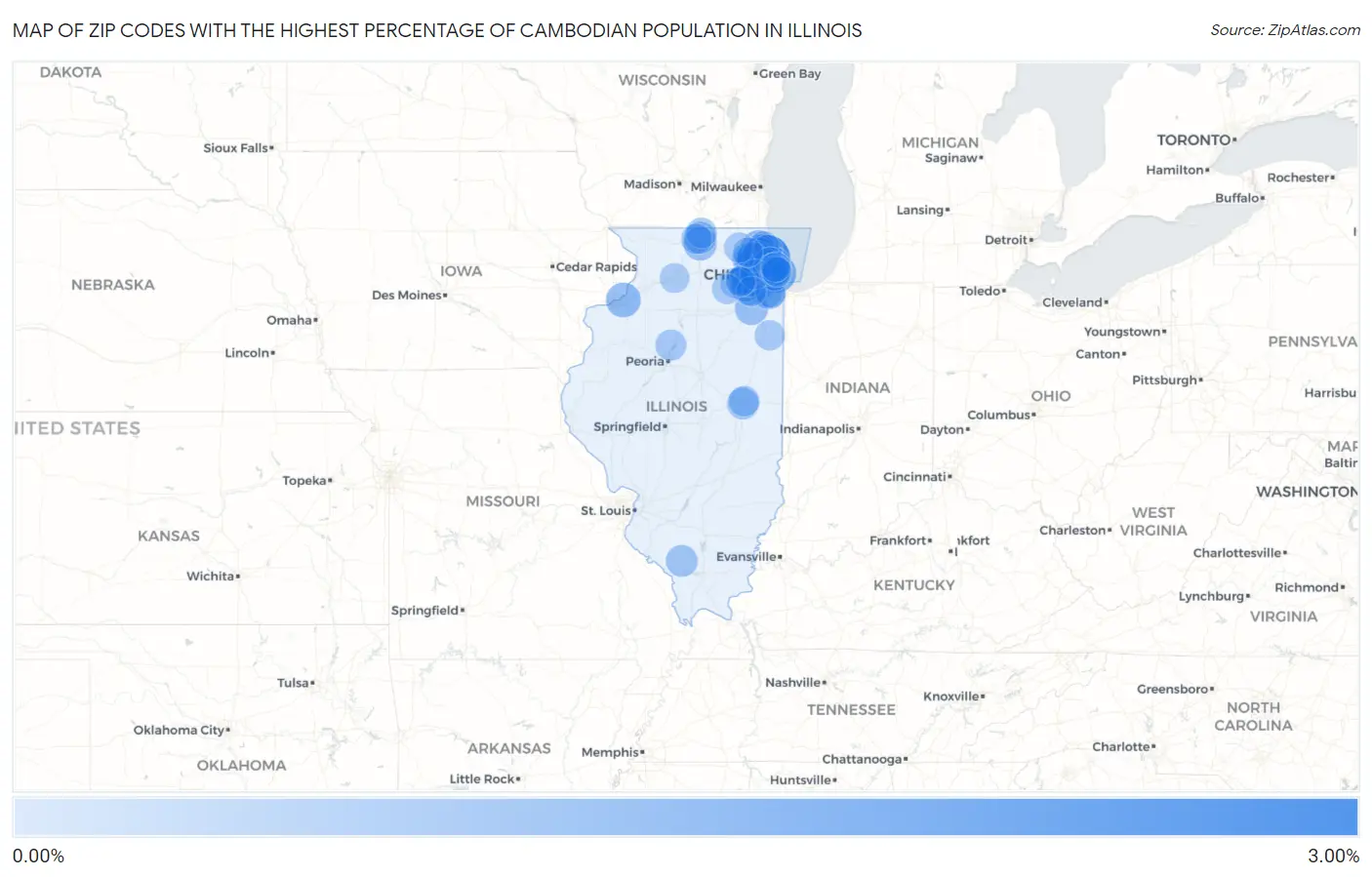Zip Codes with the Highest Percentage of Cambodian Population in Illinois Map