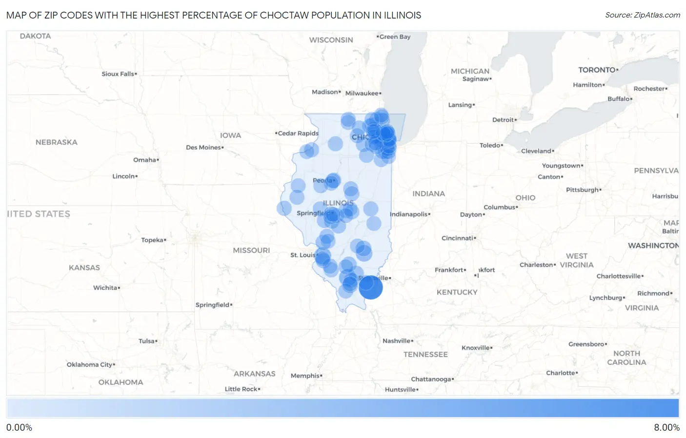 Zip Codes with the Highest Percentage of Choctaw Population in Illinois Map