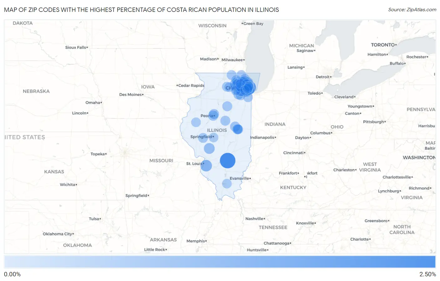 Zip Codes with the Highest Percentage of Costa Rican Population in Illinois Map