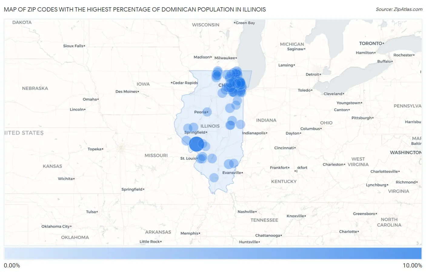 Zip Codes with the Highest Percentage of Dominican Population in Illinois Map
