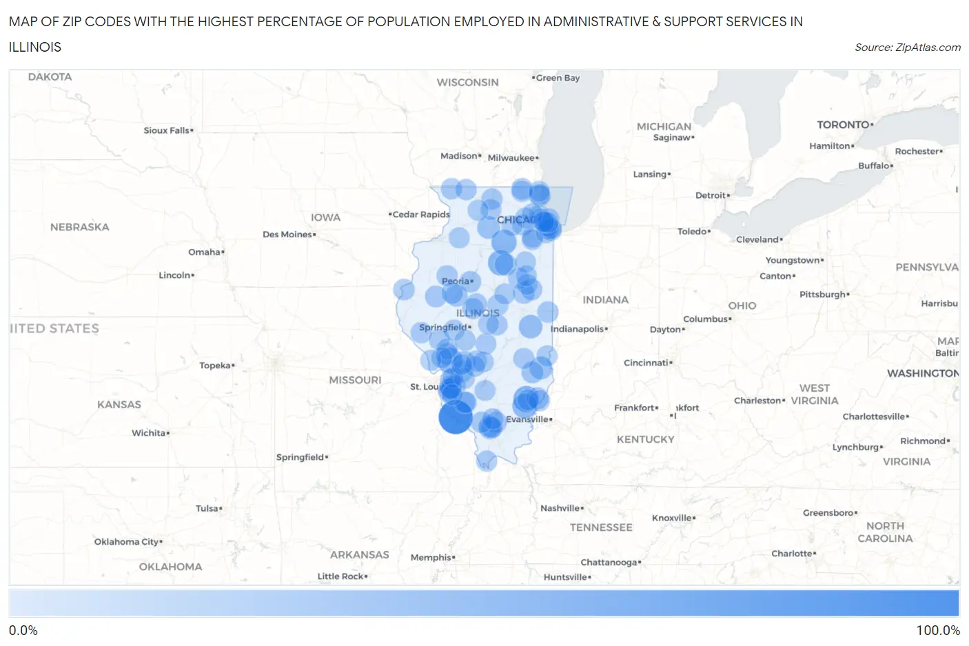 Zip Codes with the Highest Percentage of Population Employed in Administrative & Support Services in Illinois Map