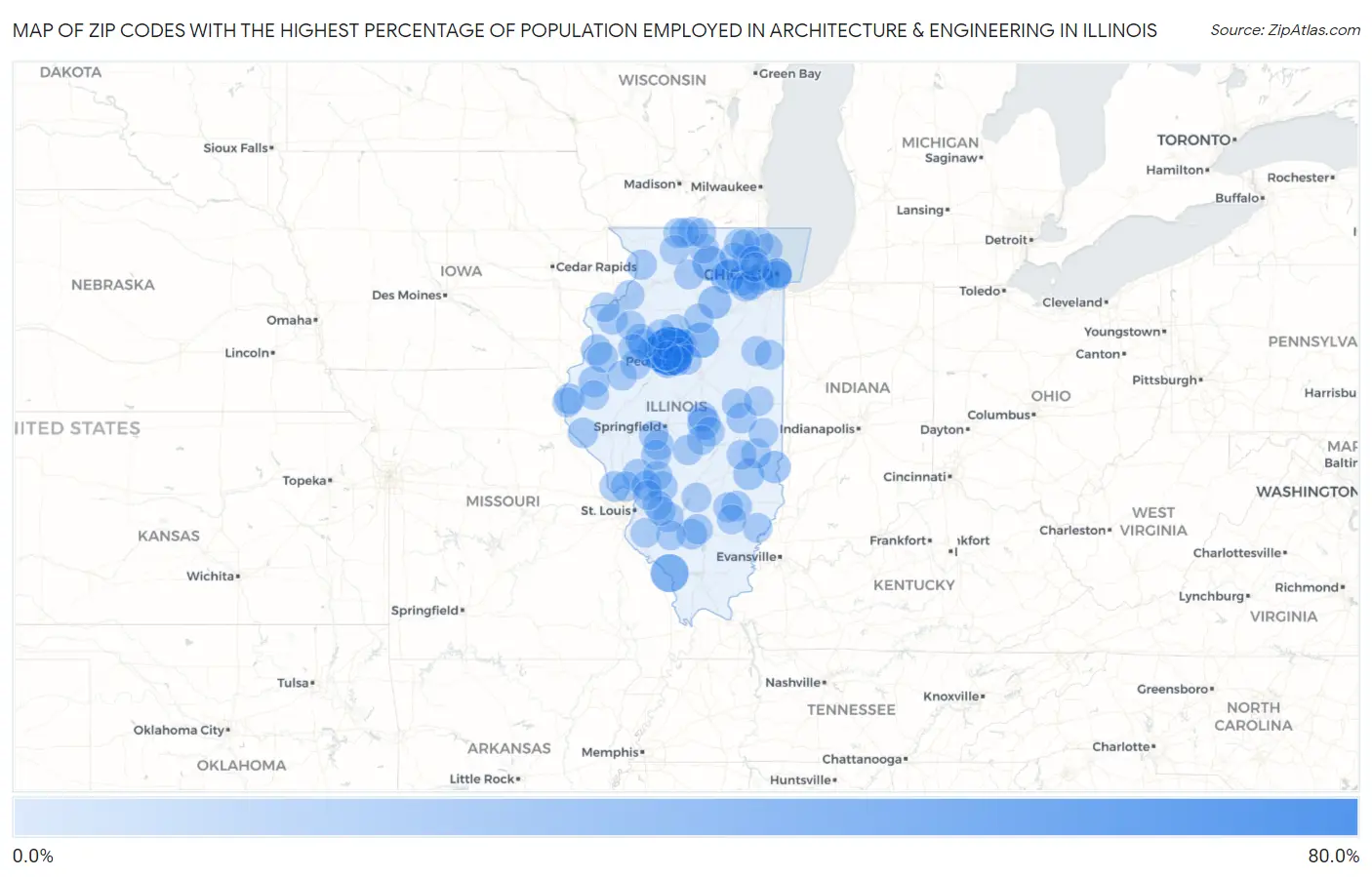 Zip Codes with the Highest Percentage of Population Employed in Architecture & Engineering in Illinois Map