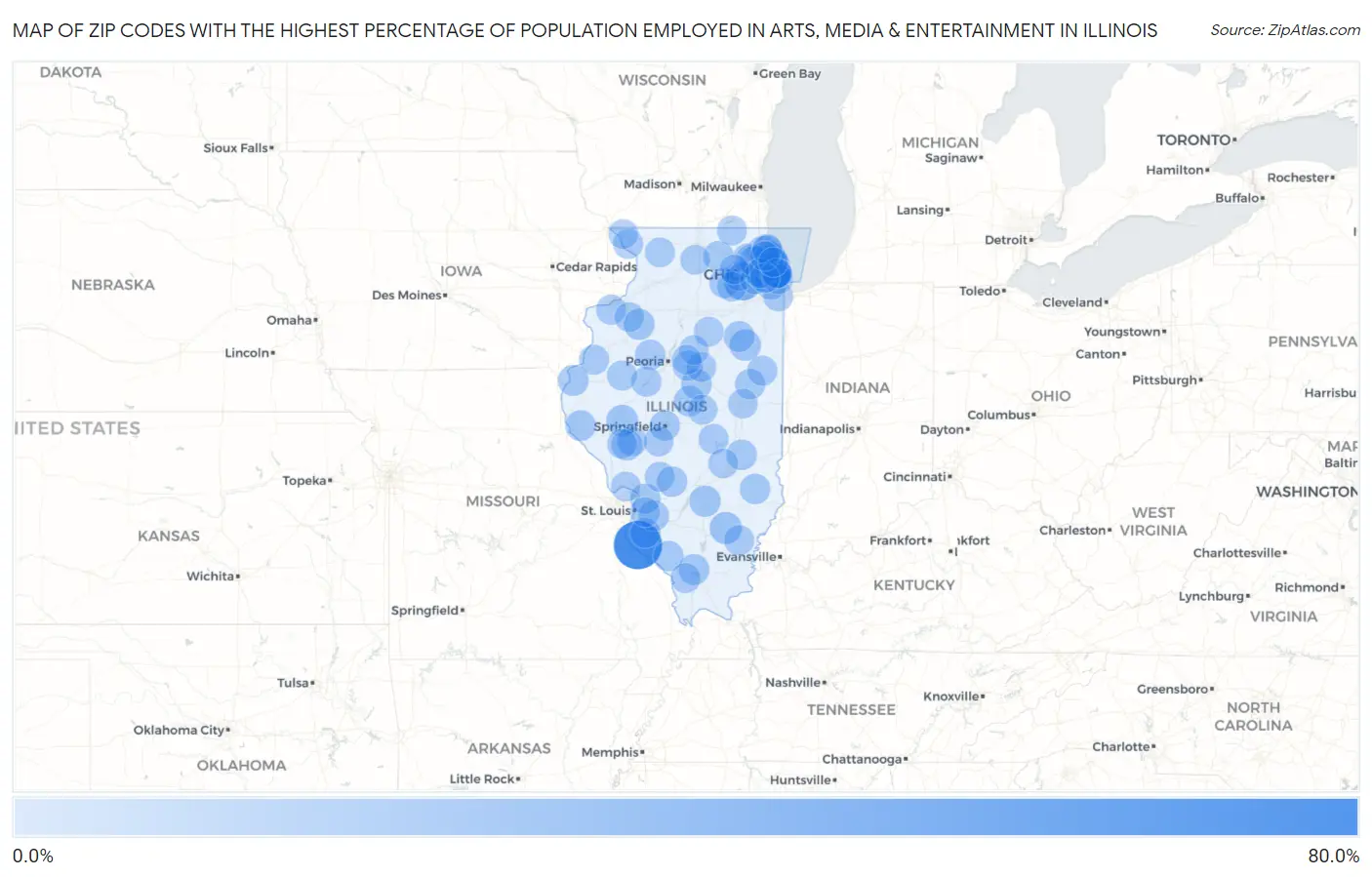 Zip Codes with the Highest Percentage of Population Employed in Arts, Media & Entertainment in Illinois Map