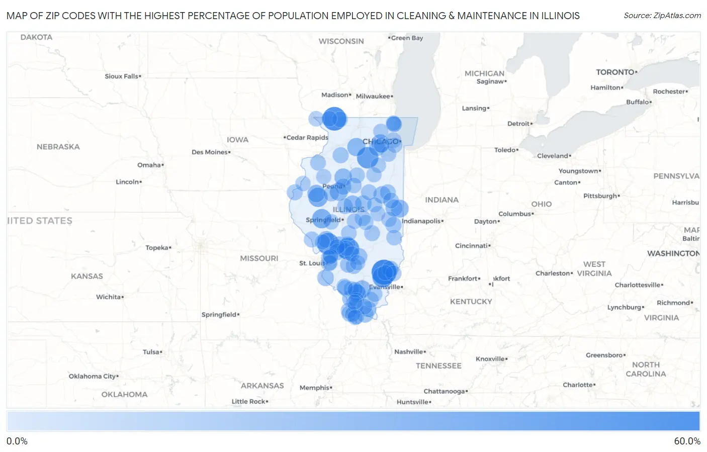 Zip Codes with the Highest Percentage of Population Employed in Cleaning & Maintenance in Illinois Map