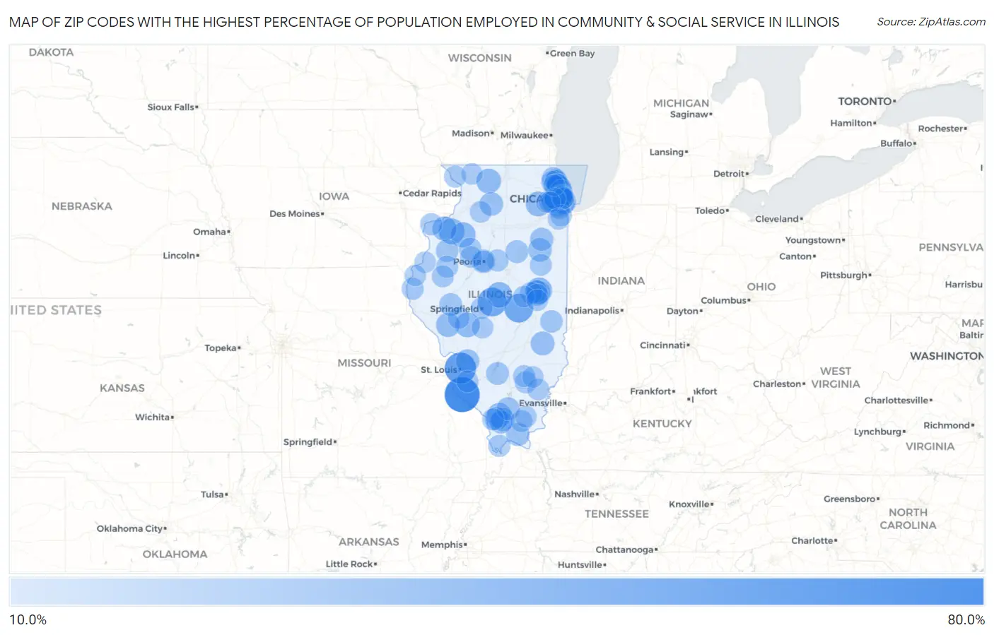 Zip Codes with the Highest Percentage of Population Employed in Community & Social Service  in Illinois Map
