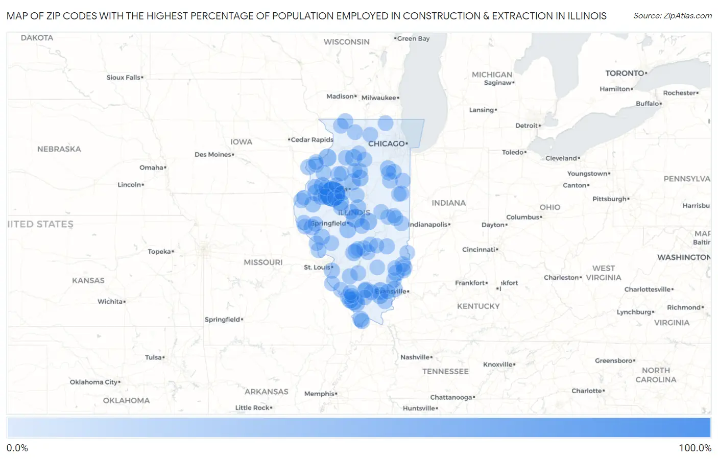Zip Codes with the Highest Percentage of Population Employed in Construction & Extraction in Illinois Map