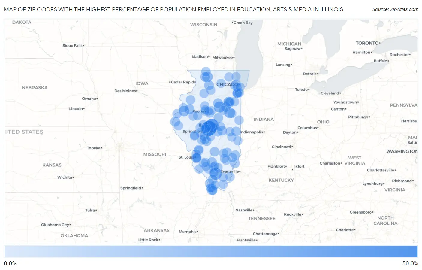 Zip Codes with the Highest Percentage of Population Employed in Education, Arts & Media in Illinois Map