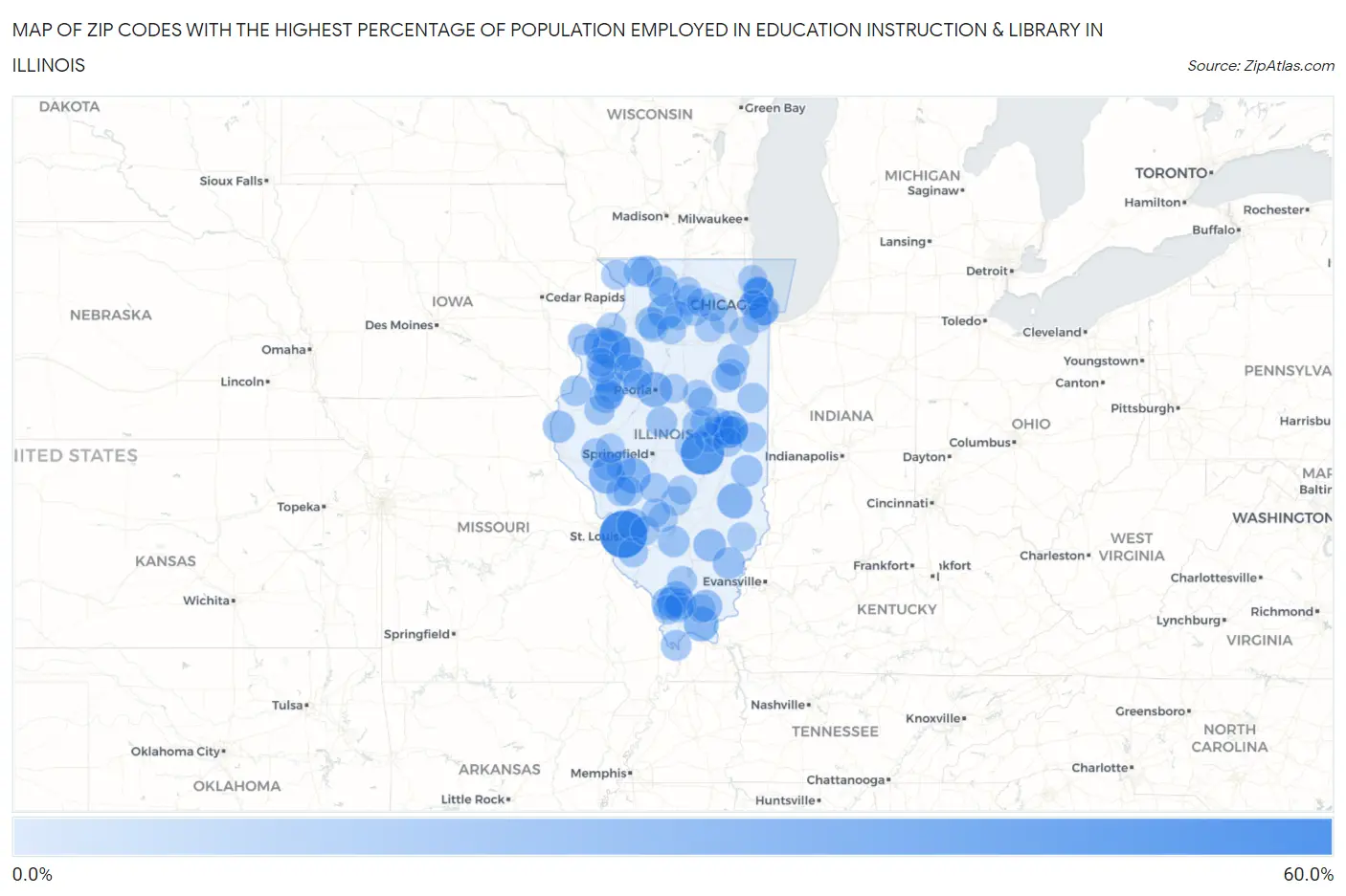 Zip Codes with the Highest Percentage of Population Employed in Education Instruction & Library in Illinois Map