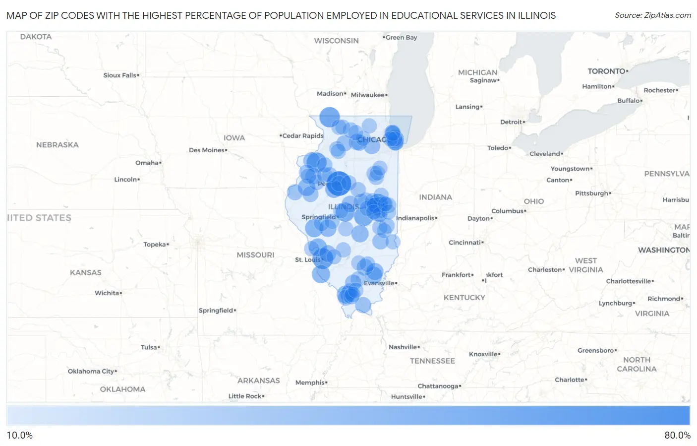 Zip Codes with the Highest Percentage of Population Employed in Educational Services in Illinois Map