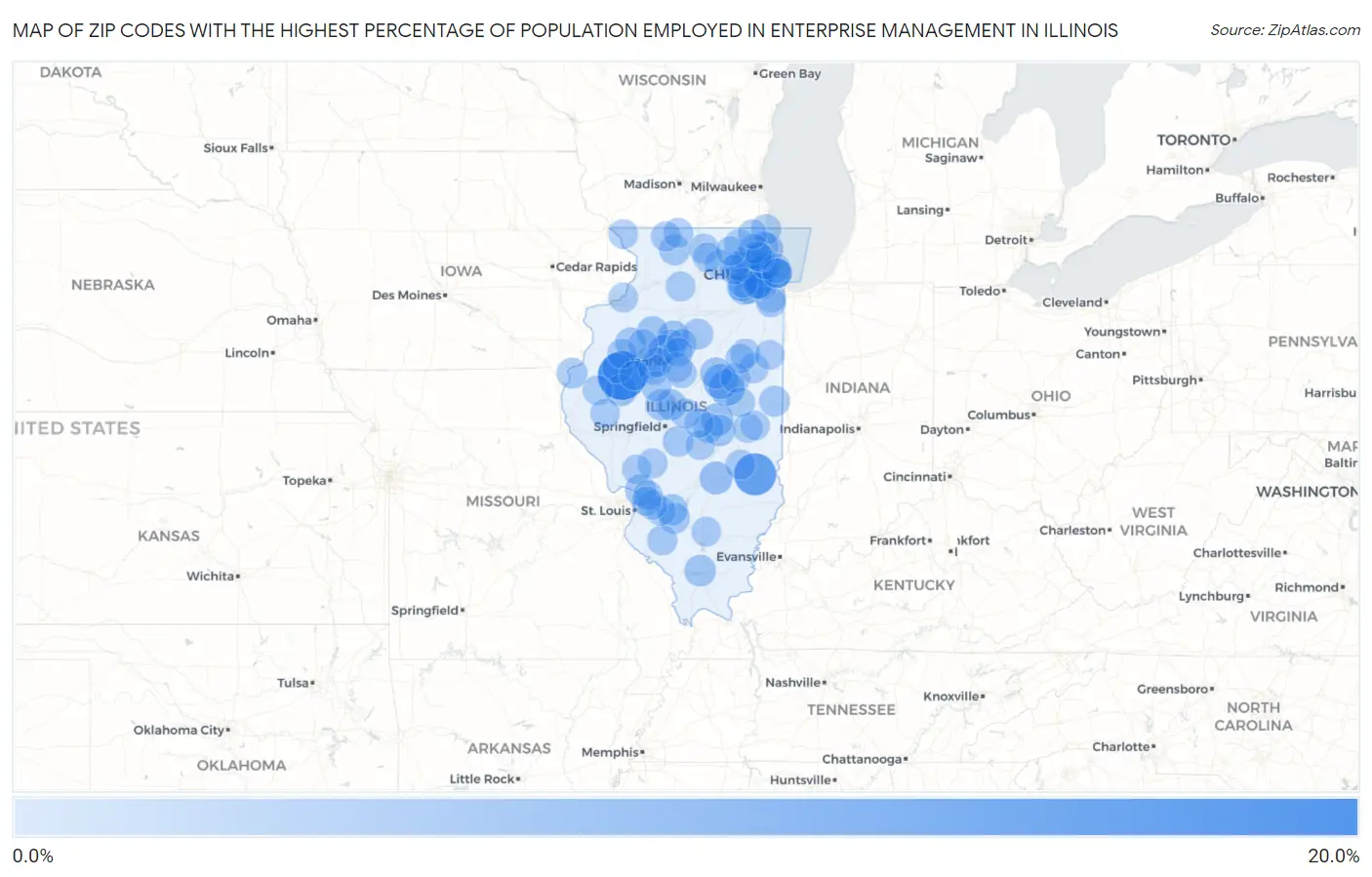 Zip Codes with the Highest Percentage of Population Employed in Enterprise Management in Illinois Map