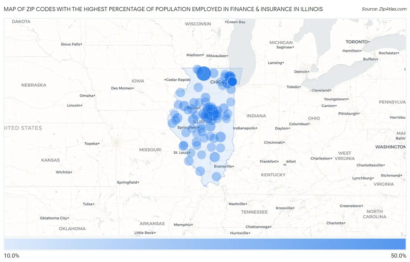 Zip Codes with the Highest Percentage of Population Employed in Finance & Insurance in Illinois Map