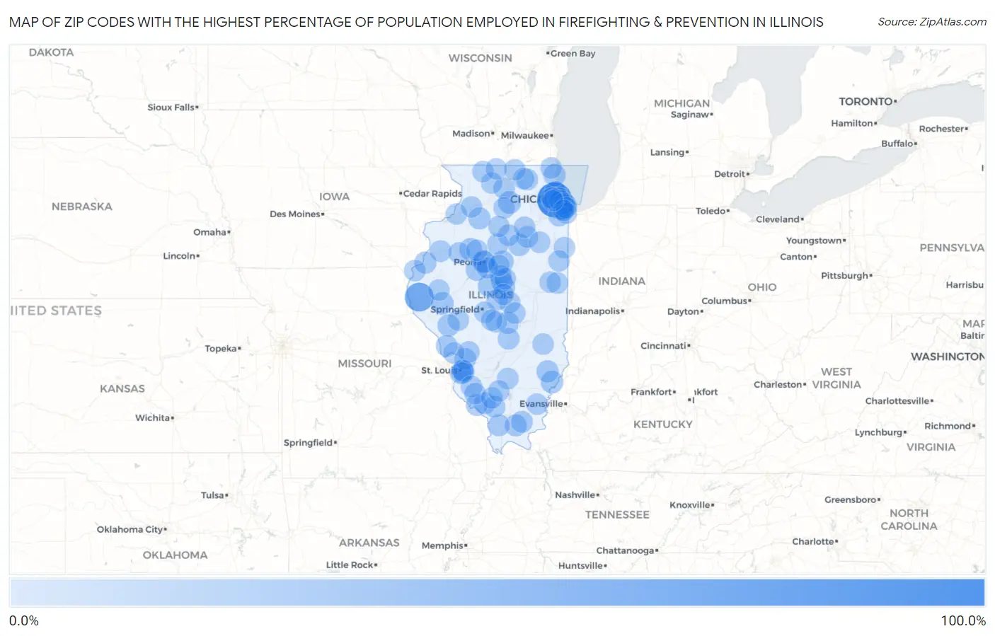Zip Codes with the Highest Percentage of Population Employed in Firefighting & Prevention in Illinois Map