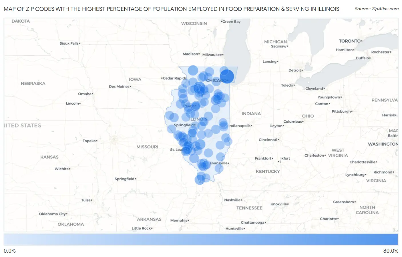 Zip Codes with the Highest Percentage of Population Employed in Food Preparation & Serving in Illinois Map