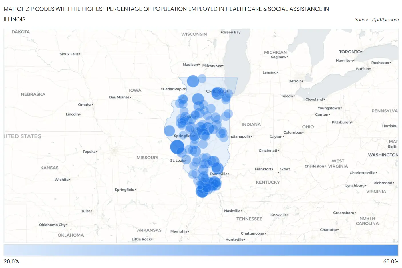 Zip Codes with the Highest Percentage of Population Employed in Health Care & Social Assistance in Illinois Map