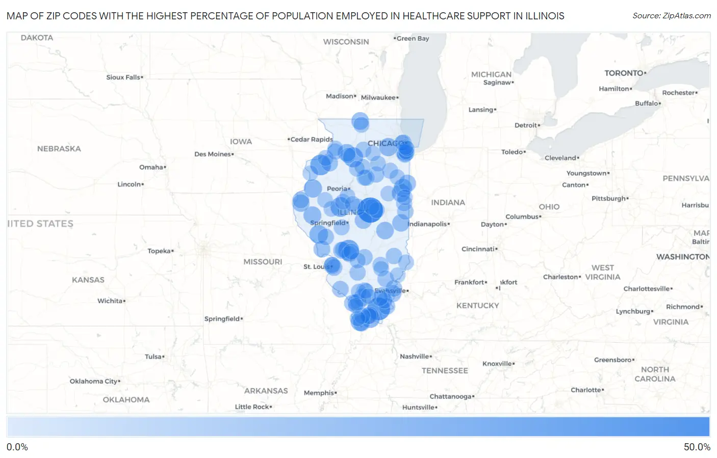 Zip Codes with the Highest Percentage of Population Employed in Healthcare Support in Illinois Map