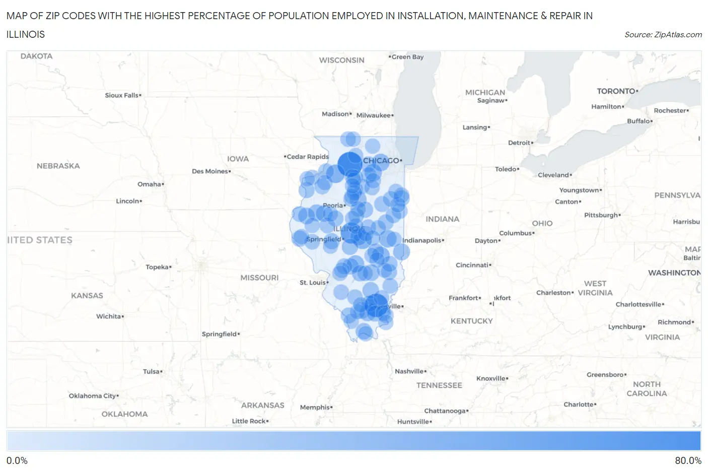 Zip Codes with the Highest Percentage of Population Employed in Installation, Maintenance & Repair in Illinois Map