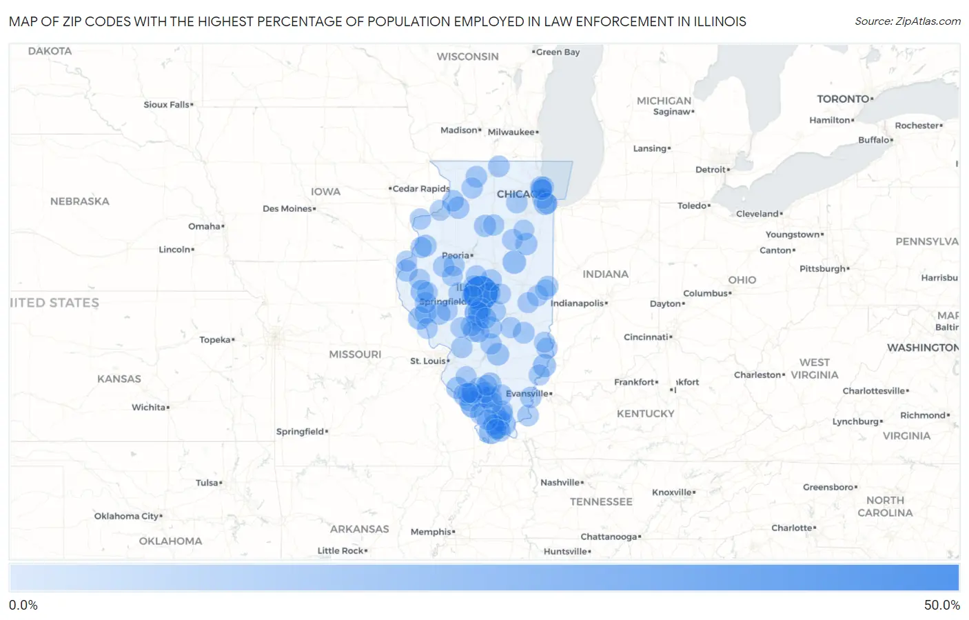Zip Codes with the Highest Percentage of Population Employed in Law Enforcement in Illinois Map