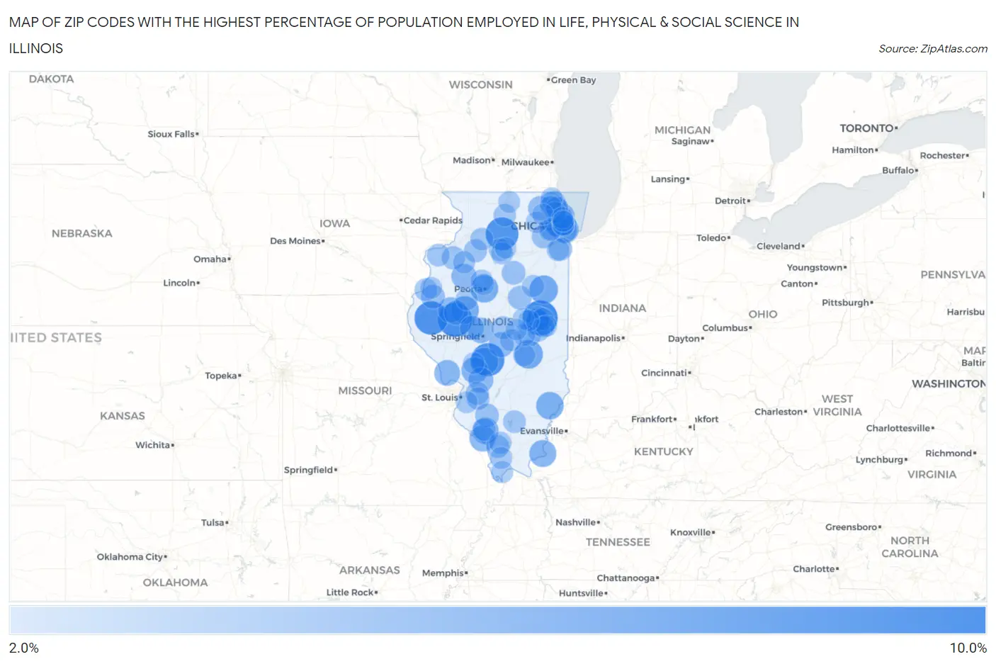 Zip Codes with the Highest Percentage of Population Employed in Life, Physical & Social Science in Illinois Map