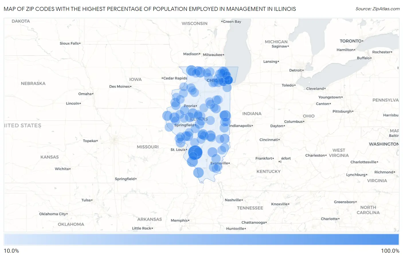 Zip Codes with the Highest Percentage of Population Employed in Management in Illinois Map
