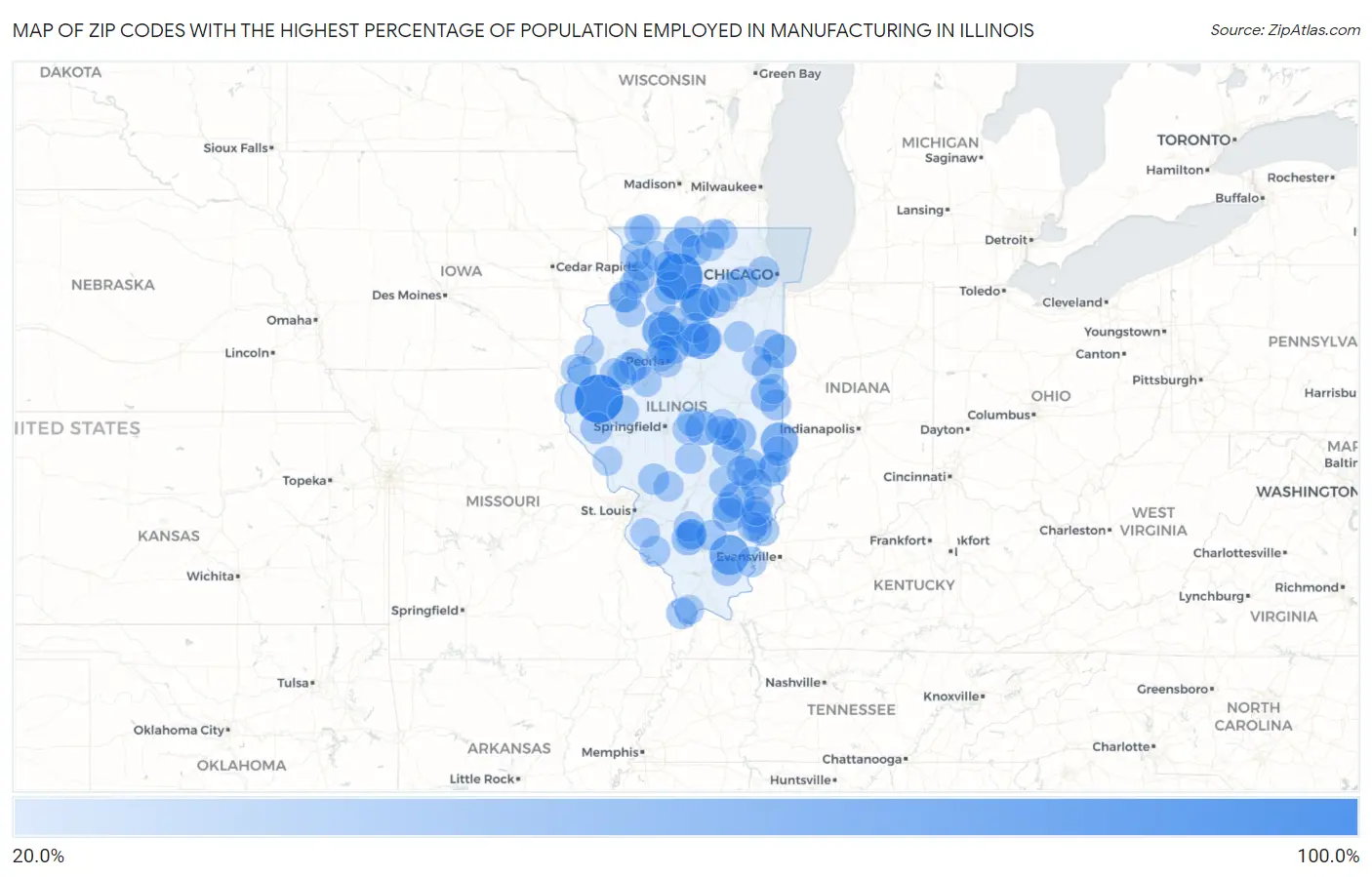 Zip Codes with the Highest Percentage of Population Employed in Manufacturing in Illinois Map