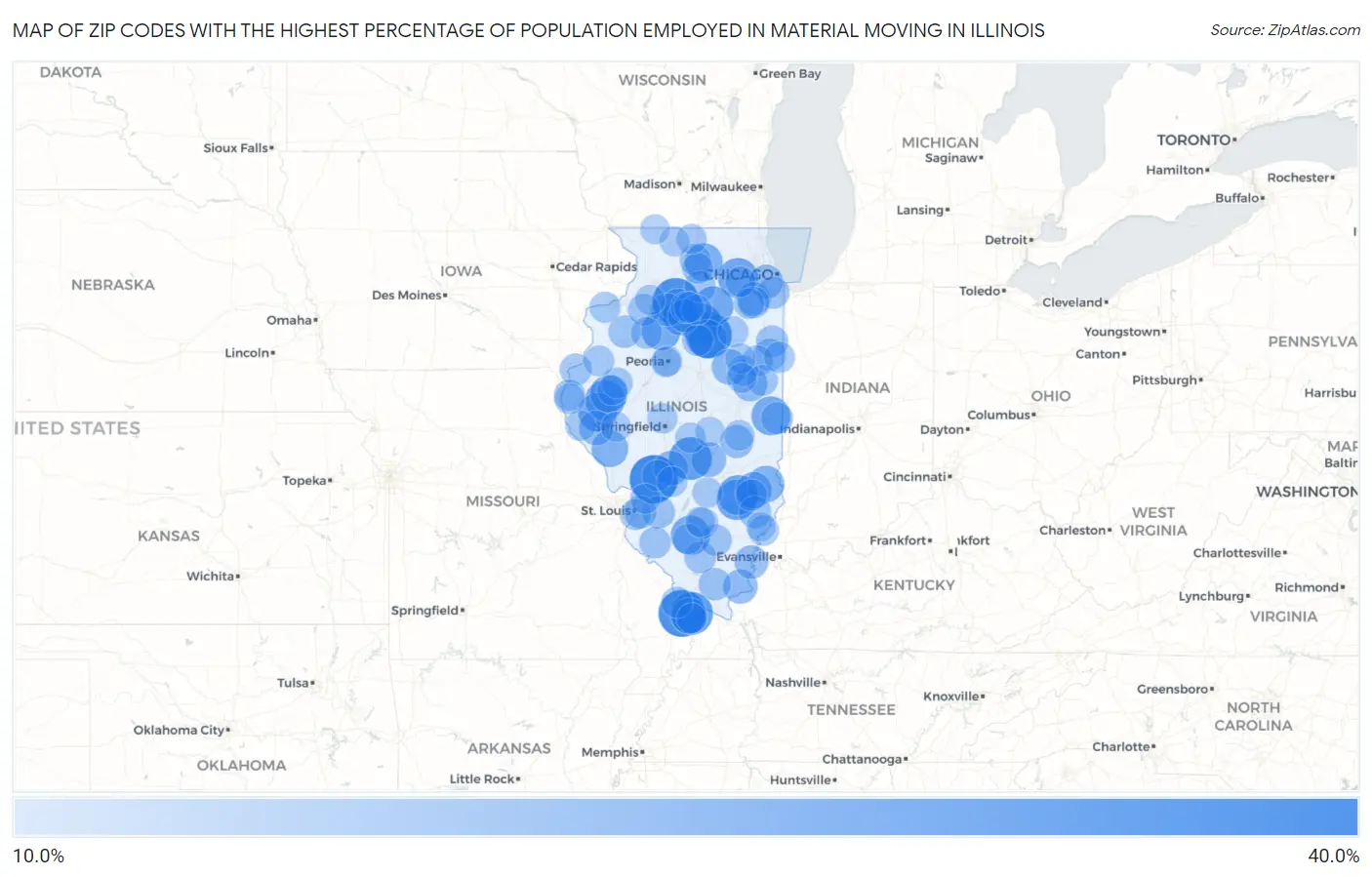 Zip Codes with the Highest Percentage of Population Employed in Material Moving in Illinois Map
