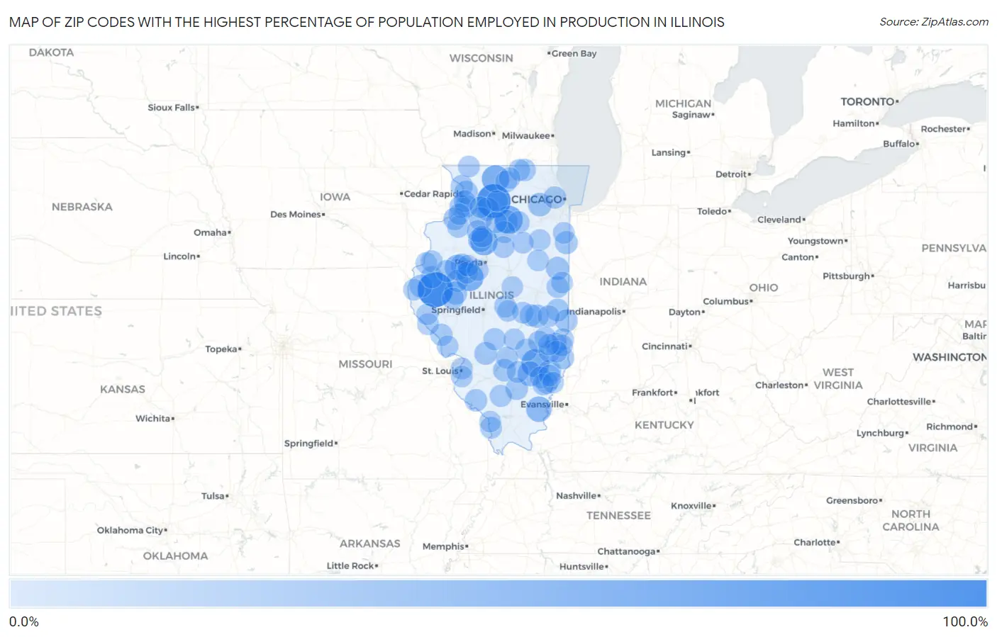 Zip Codes with the Highest Percentage of Population Employed in Production in Illinois Map