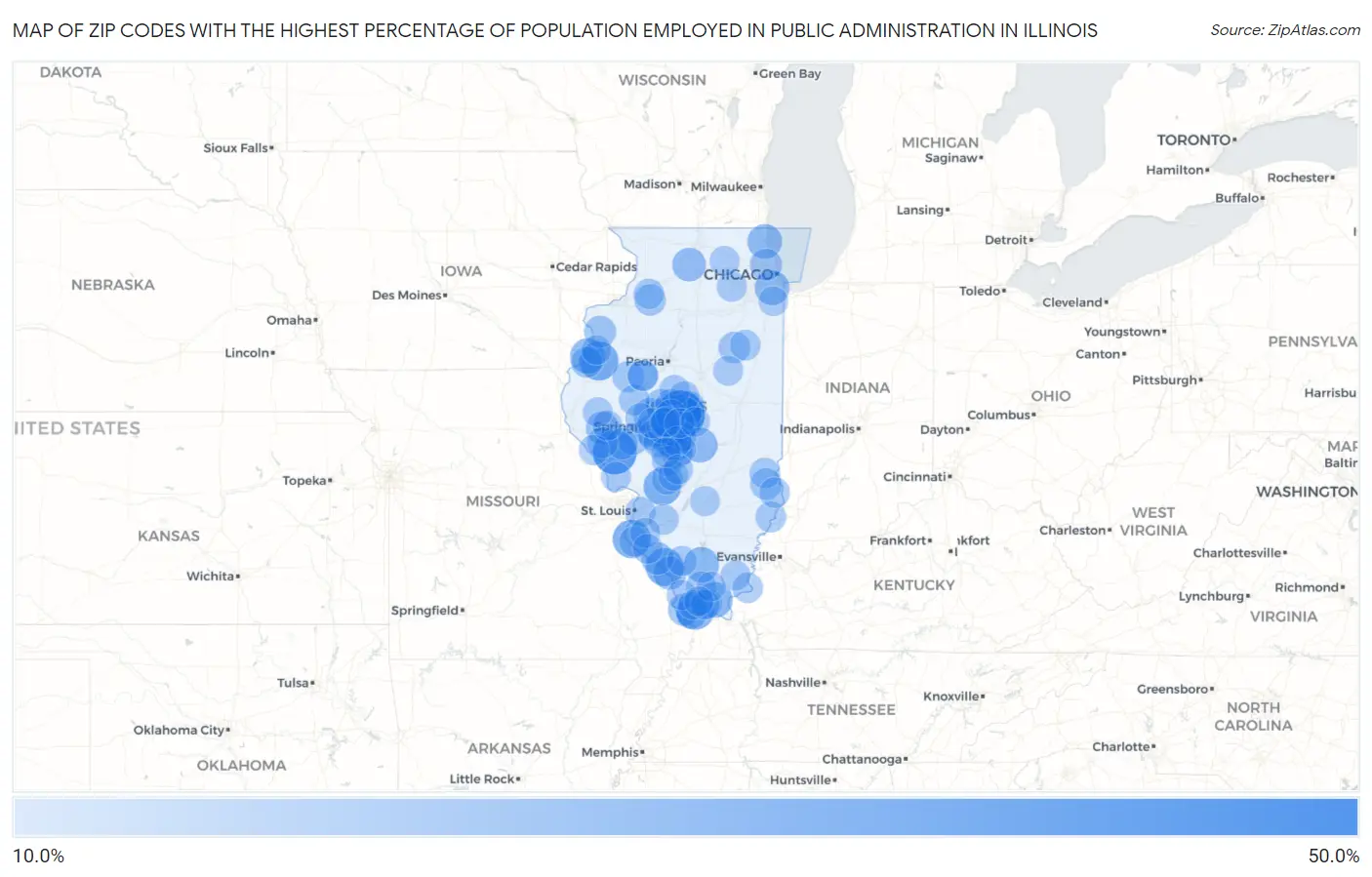 Zip Codes with the Highest Percentage of Population Employed in Public Administration in Illinois Map