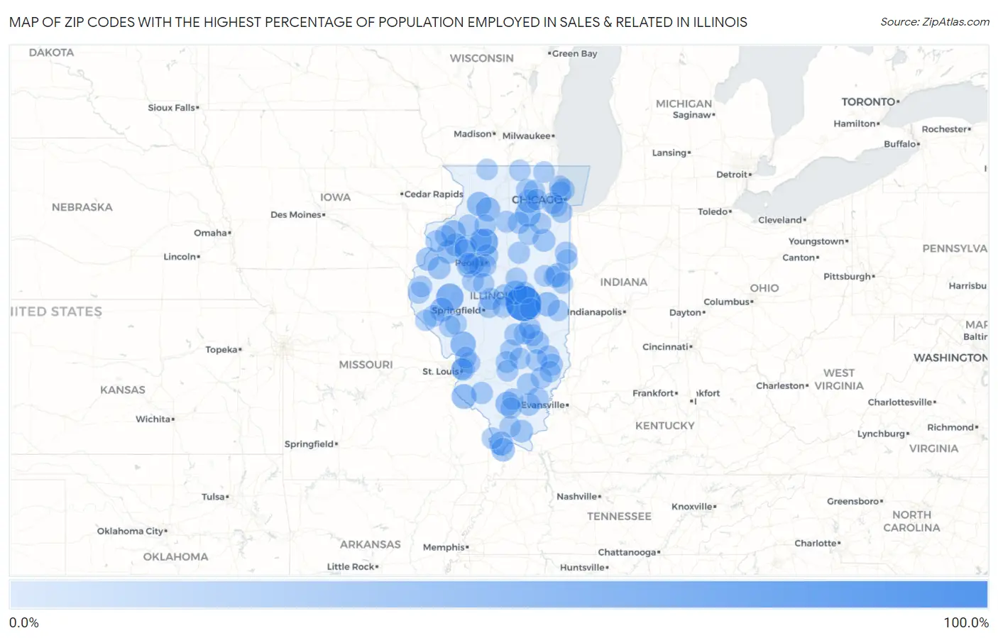 Zip Codes with the Highest Percentage of Population Employed in Sales & Related in Illinois Map