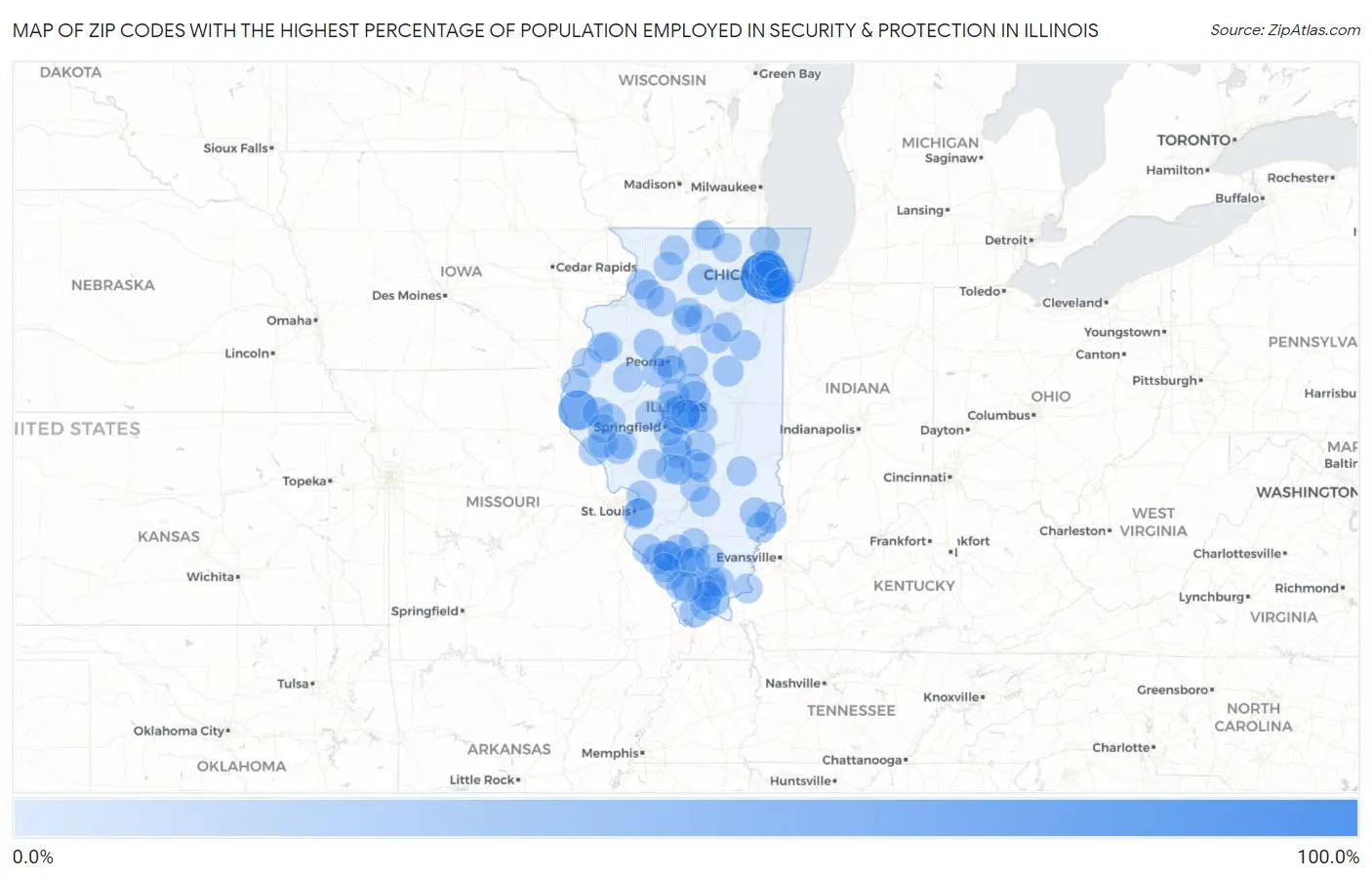 Zip Codes with the Highest Percentage of Population Employed in Security & Protection in Illinois Map