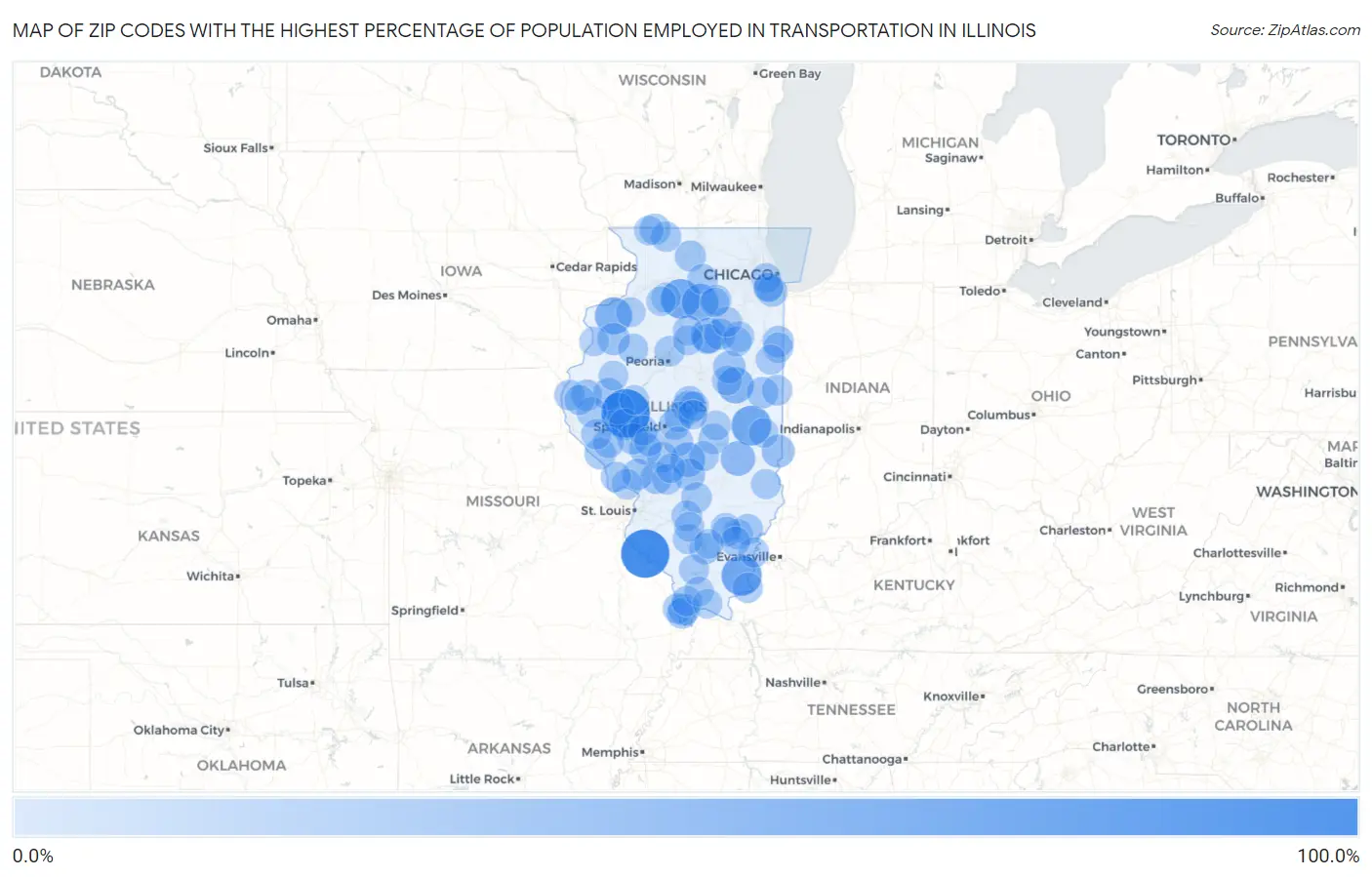 Zip Codes with the Highest Percentage of Population Employed in Transportation in Illinois Map