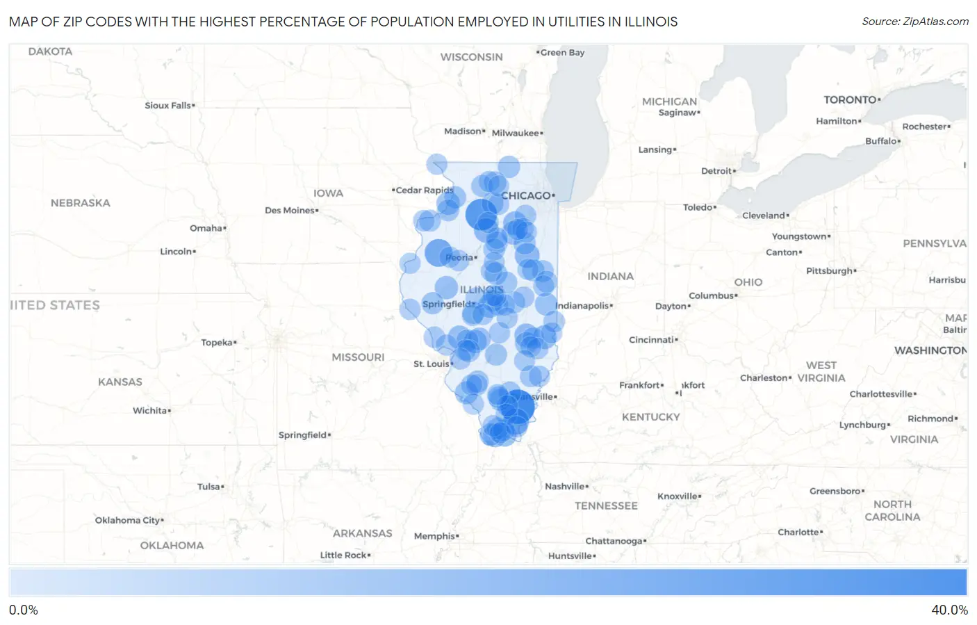 Zip Codes with the Highest Percentage of Population Employed in Utilities in Illinois Map
