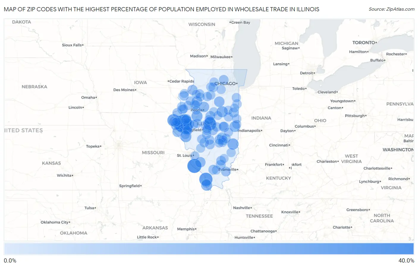 Zip Codes with the Highest Percentage of Population Employed in Wholesale Trade in Illinois Map