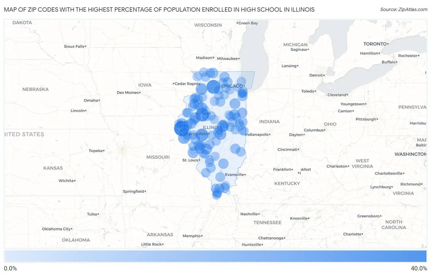 Zip Codes with the Highest Percentage of Population Enrolled in High School in Illinois Map